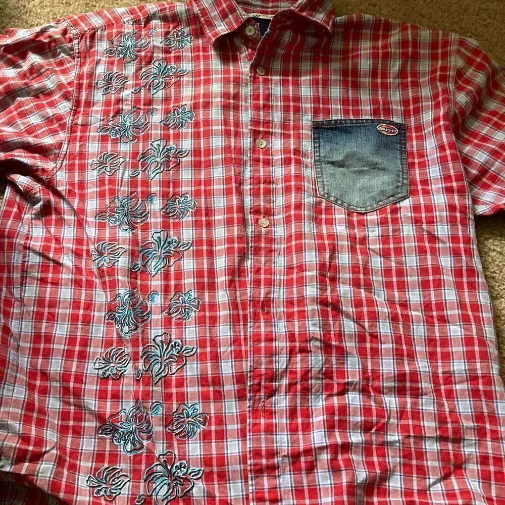 Mens Vintage Red Plaid Hawaiian Flower Bugle Boy Button Down Shirt